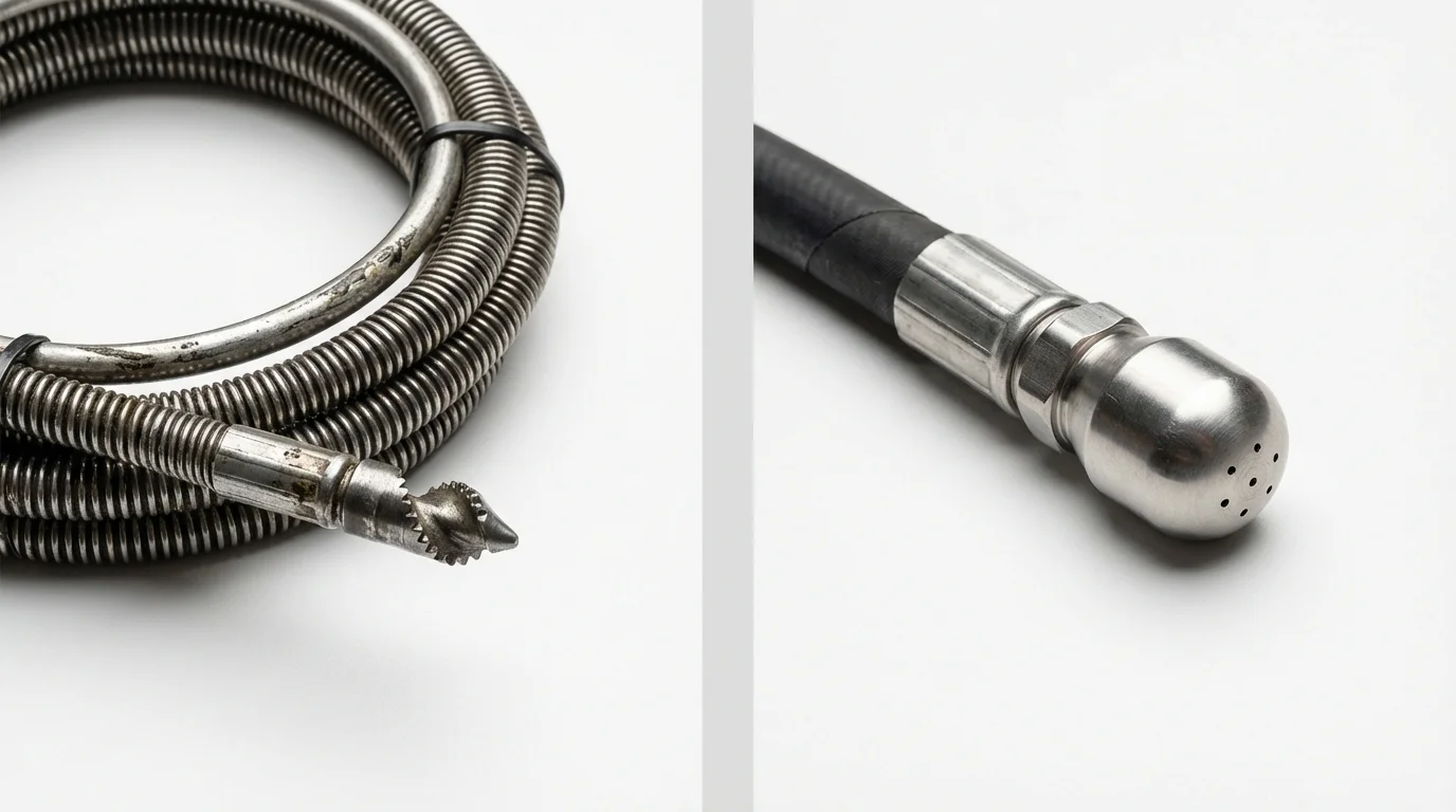 Drain snake cable and hydro jetting nozzle used for drain cleaning in Union City, OK