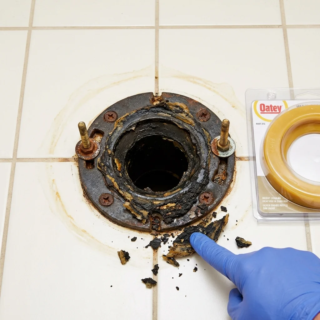 Failed wax ring showing water seepage at the base of a toilet in a Union City, OK home