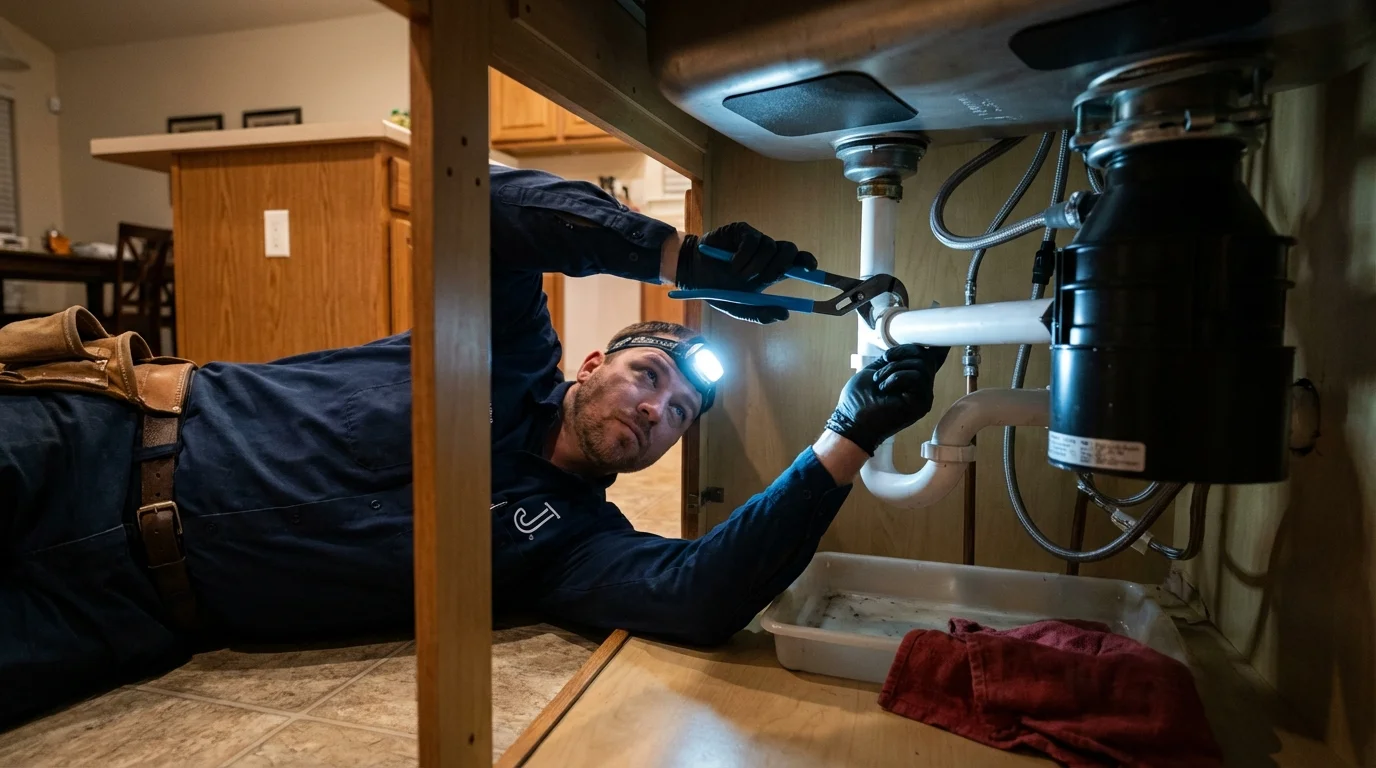 P-trap and supply line connections under a kitchen sink showing a common leak point in Union City, OK